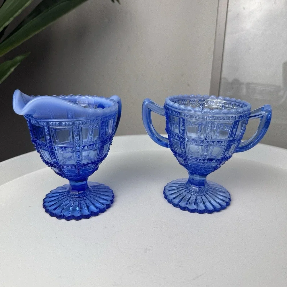 Vintage Deco Imperial Glass Beaded Block Blue Opalescent Cream & Sugar Set c1930